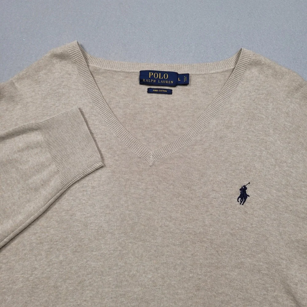 Polo Ralph Lauren Mens Pima Cotton V-Neck Sweater Beige Large Heather Classic